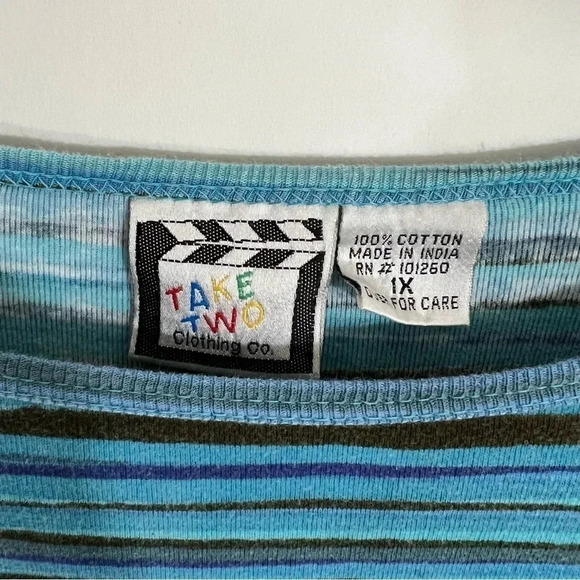 Take Two Abstract Townscape Blouse 1X Beaded Sequins Colorful Stripe 100% Cotton - Picture 9 of 9